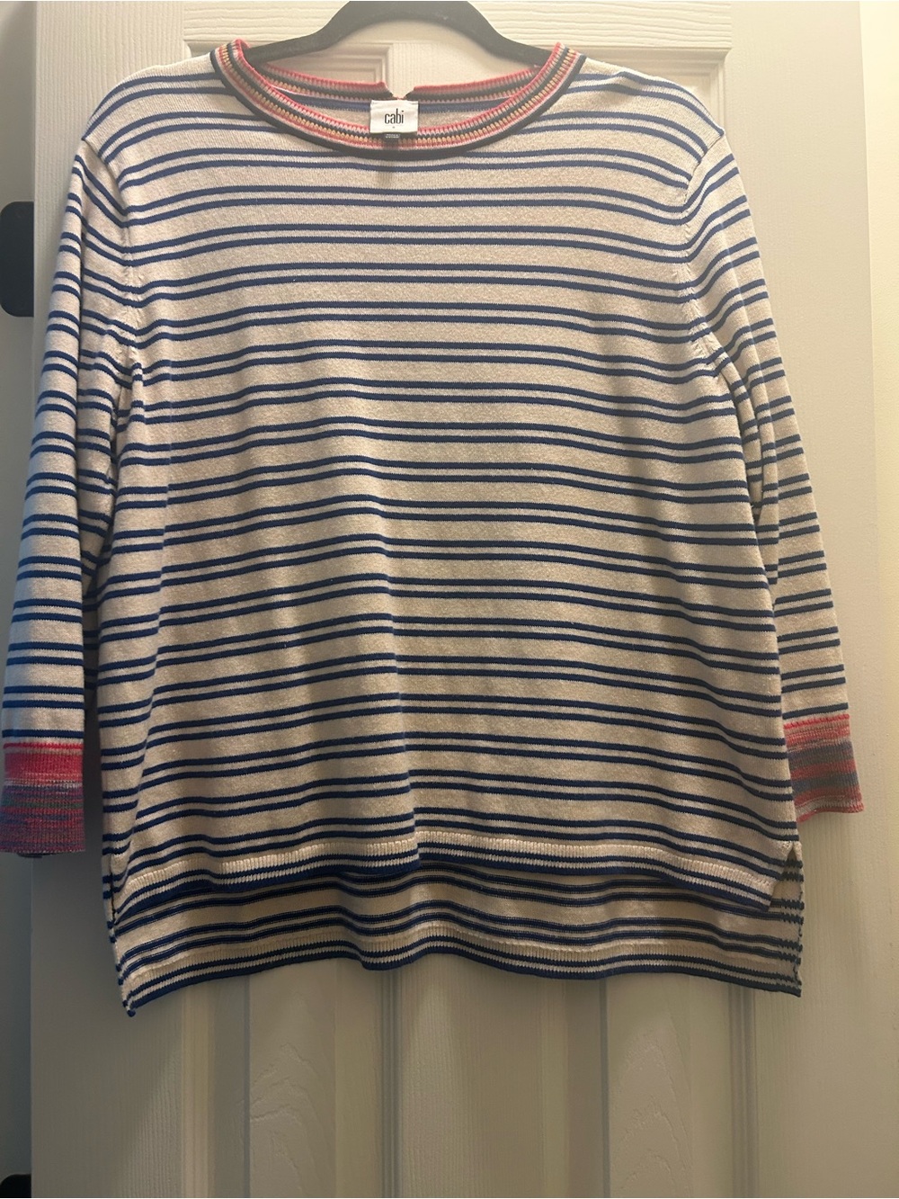 CAbi Striped 3/4 Sleeve Top in Blue, White & Pink